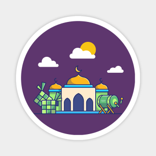 Mosque, ketupat And Bedug Drumb Cartoon Magnet